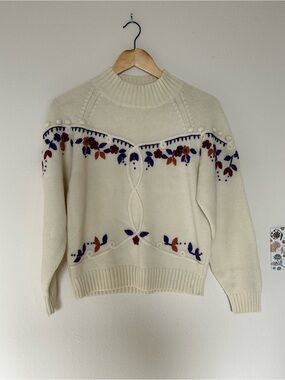 1973 Cream Floral Embroidered Cable-Knit Sweater